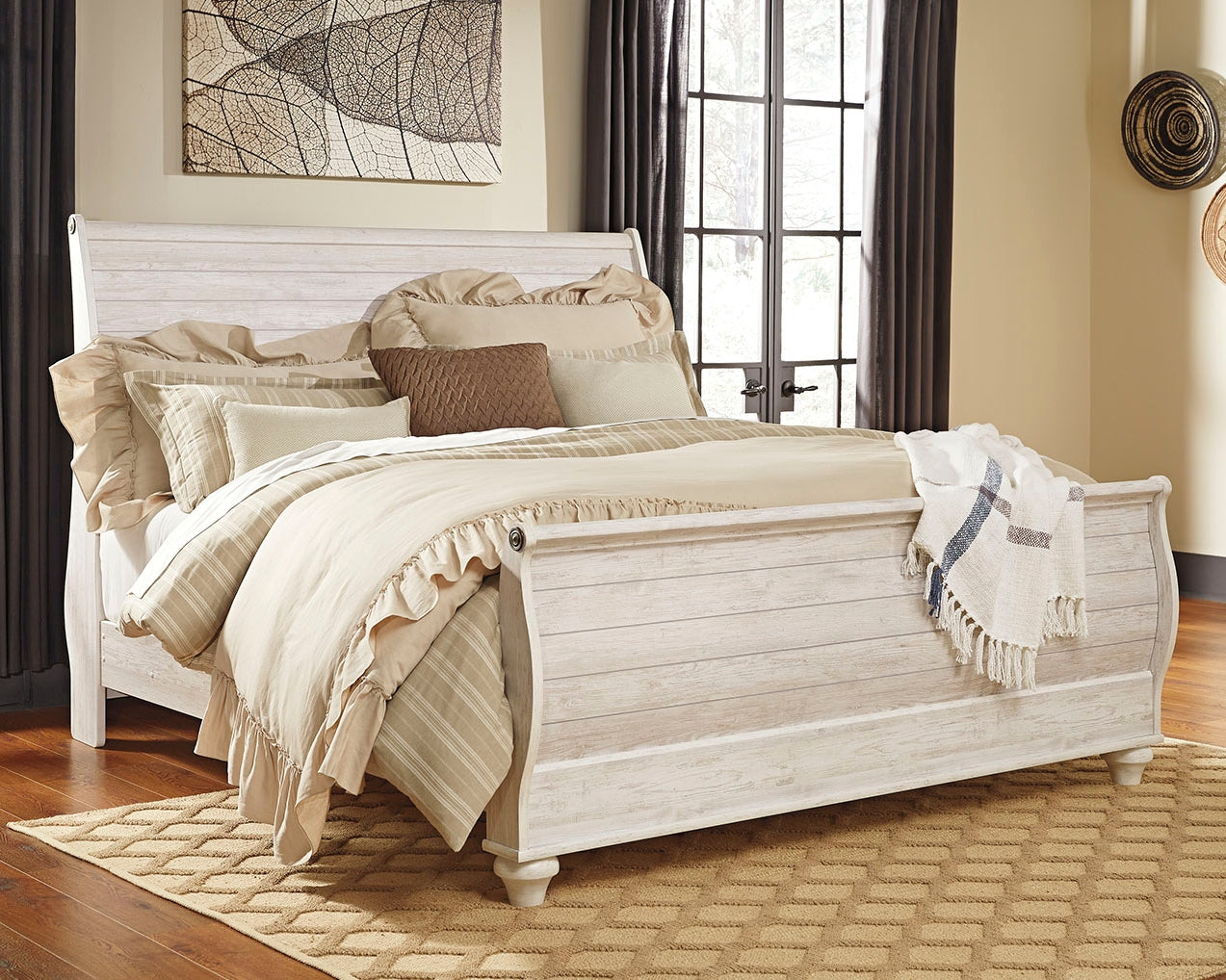 Myers Furniture Outlet - Ashley Furniture - Willowton Bedroom - King Sleigh Bed / Whitewash - B267B11