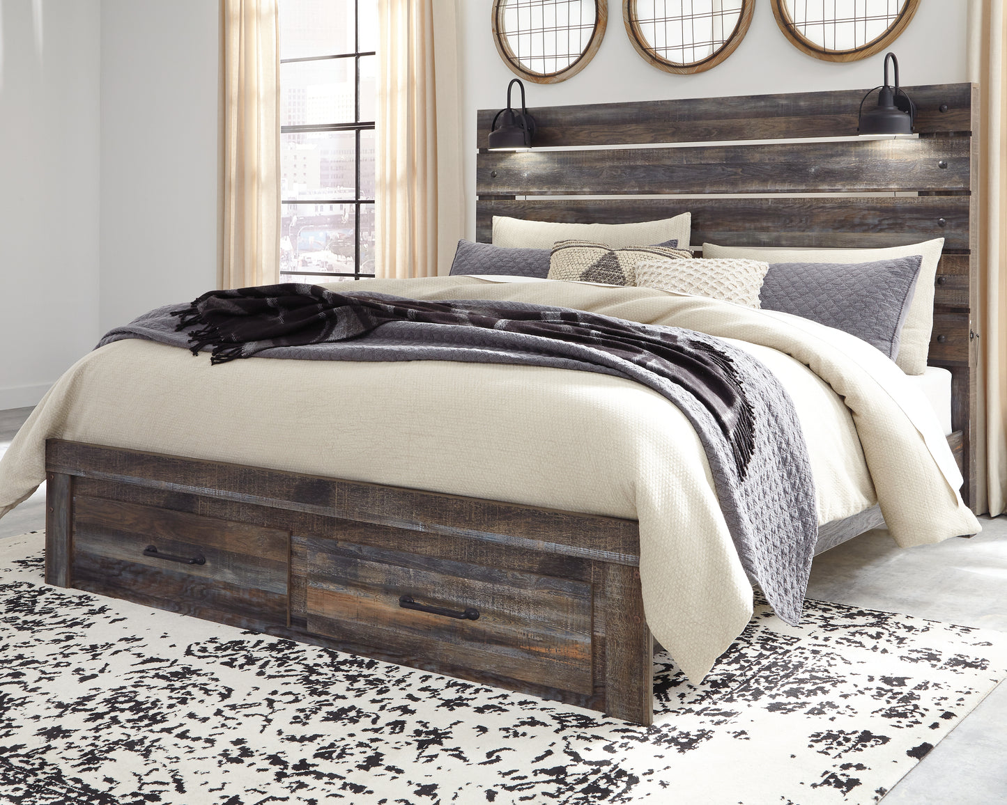 Myers Furniture Outlet - Ashley Furniture - Drystan Bedroom - King Panel Bed with 2 Storage Drawers / Multi - B211B55