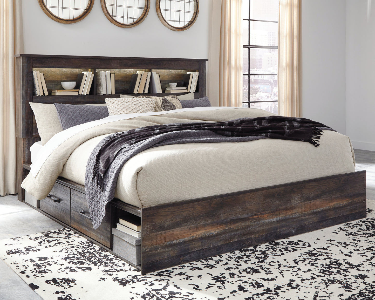 Myers Furniture Outlet - Ashley Furniture - Drystan Bedroom - King Bookcase Bed with 4 Storage Drawers / Multi - B211B52
