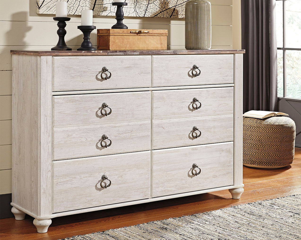 Myers Furniture Outlet - Ashley Furniture - Willowton Bedroom - Six Drawer Dresser / Whitewash - B267-31