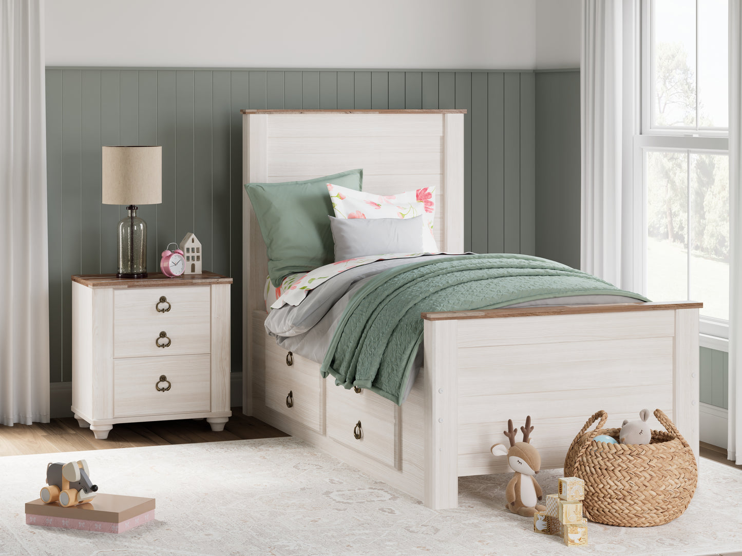 Myers Furniture Outlet - Ashley Furniture - Willowton Bedroom - Twin Panel Bed with 2 Storage Drawers / Whitewash - B267B21