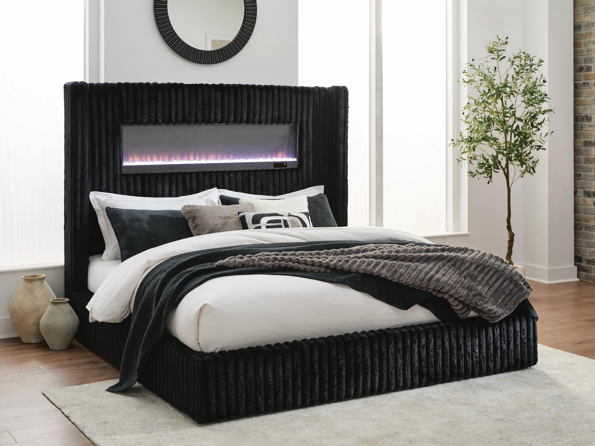 Myers Furniture Outlet - Ashley Furniture - Tayleena Bedroom - King Upholstered Bed with Fireplace and Wireless Audio - PCB620B2