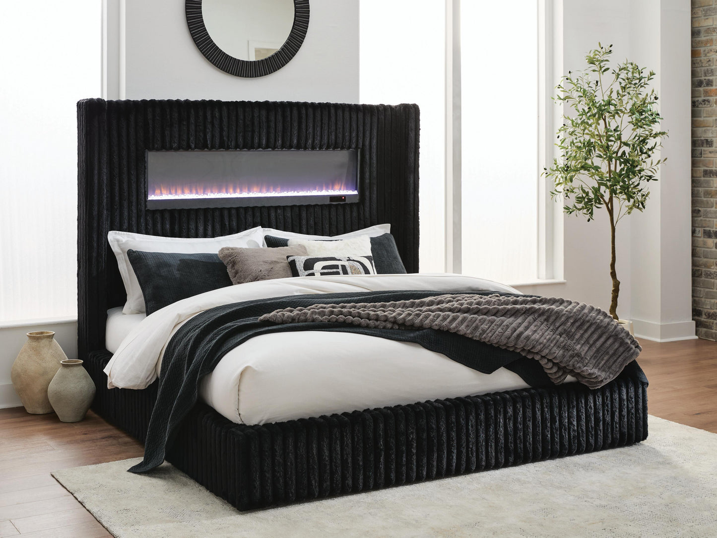 Myers Furniture Outlet - Ashley Furniture - Tayleena Bedroom - Queen Upholstered Bed with Fireplace and Wireless Audio / Black - PCB620B1