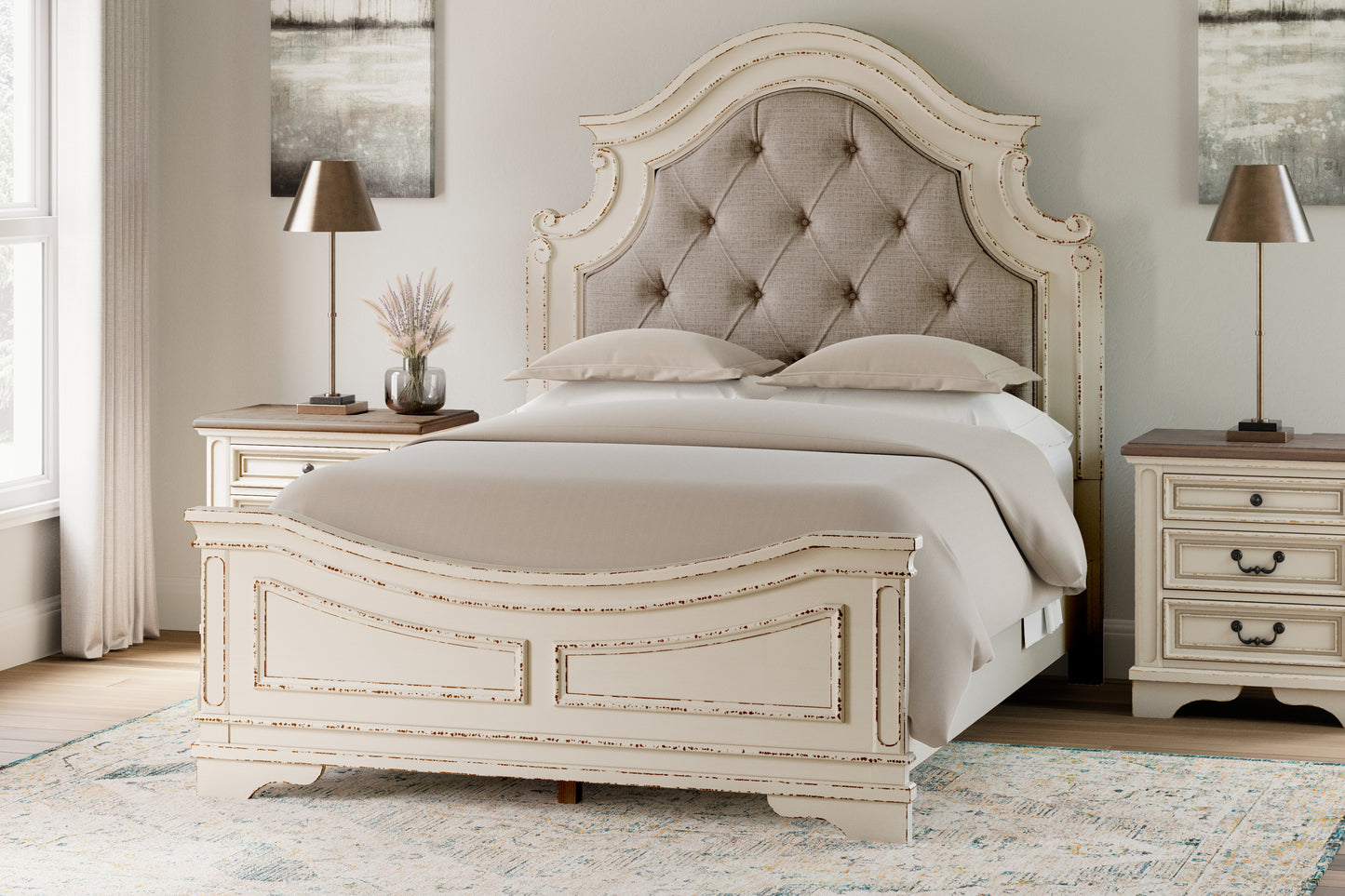 Myers Furniture Outlet - Ashley Furniture - Realyn Bedroom - Queen Upholstered Panel Bed / Chipped White - B743B2