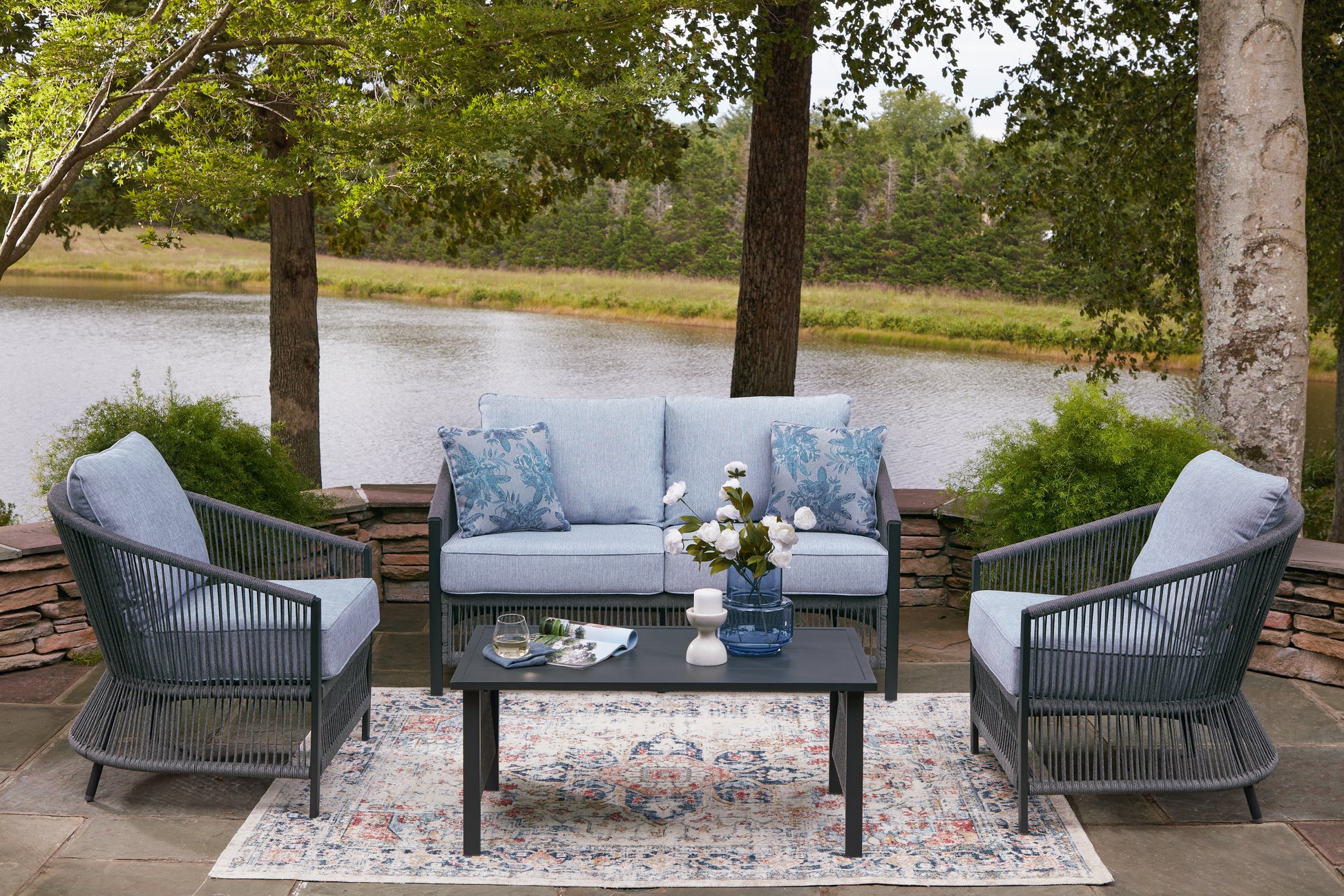 Myers Furniture Outlet - Ashley Furniture - Bridges Beach Outdoor - Love/Chairs/Table Set (4/CN) / Gray - PCP391-080