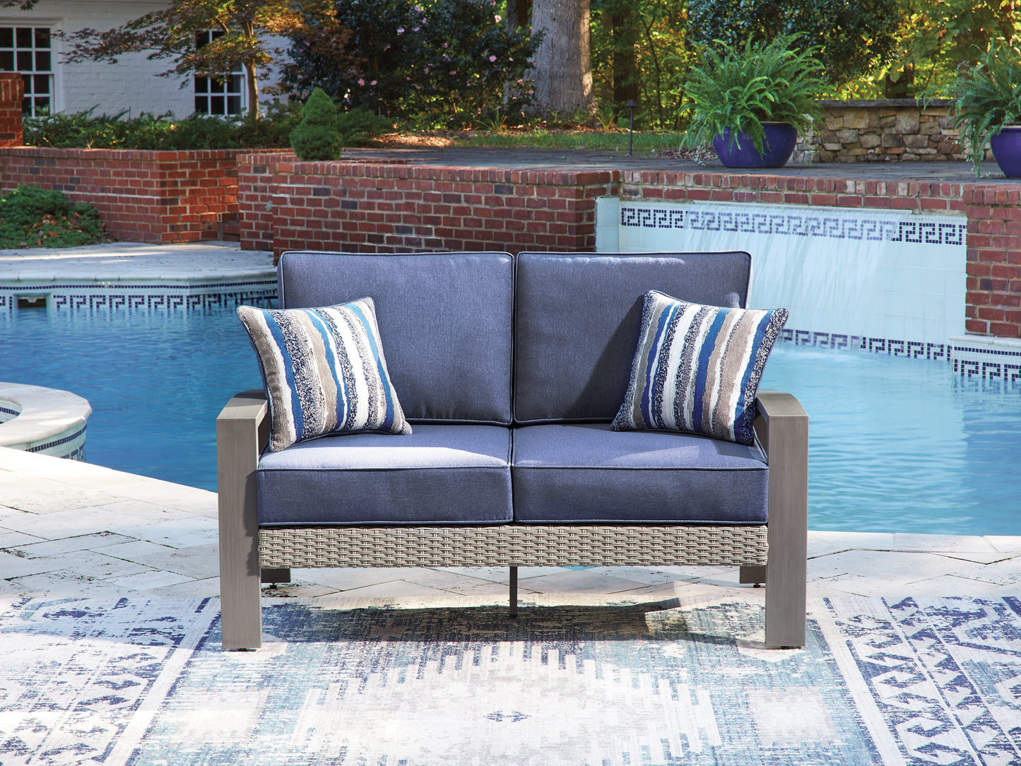 Myers Furniture Outlet - Ashley Furniture - Half Moon Beach Outdoor - Loveseat w/Cushion / Blue/Gray - PCP418-835