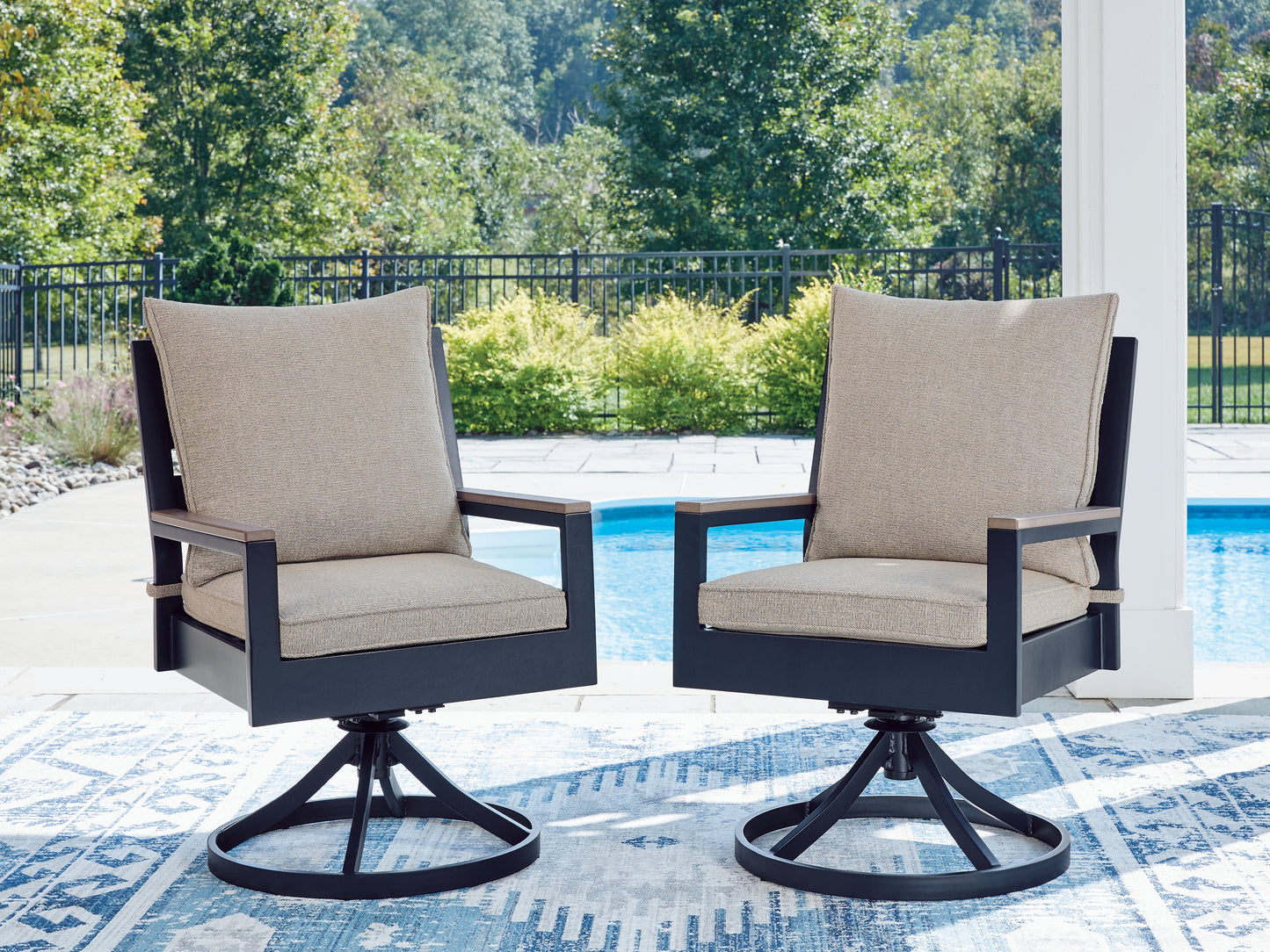 Myers Furniture Outlet - Ashley Furniture - East Beach Outdoor - Swivel Chair w/Cushion (Set of 2) / Navy Blue/Driftwood - PCP587-602A