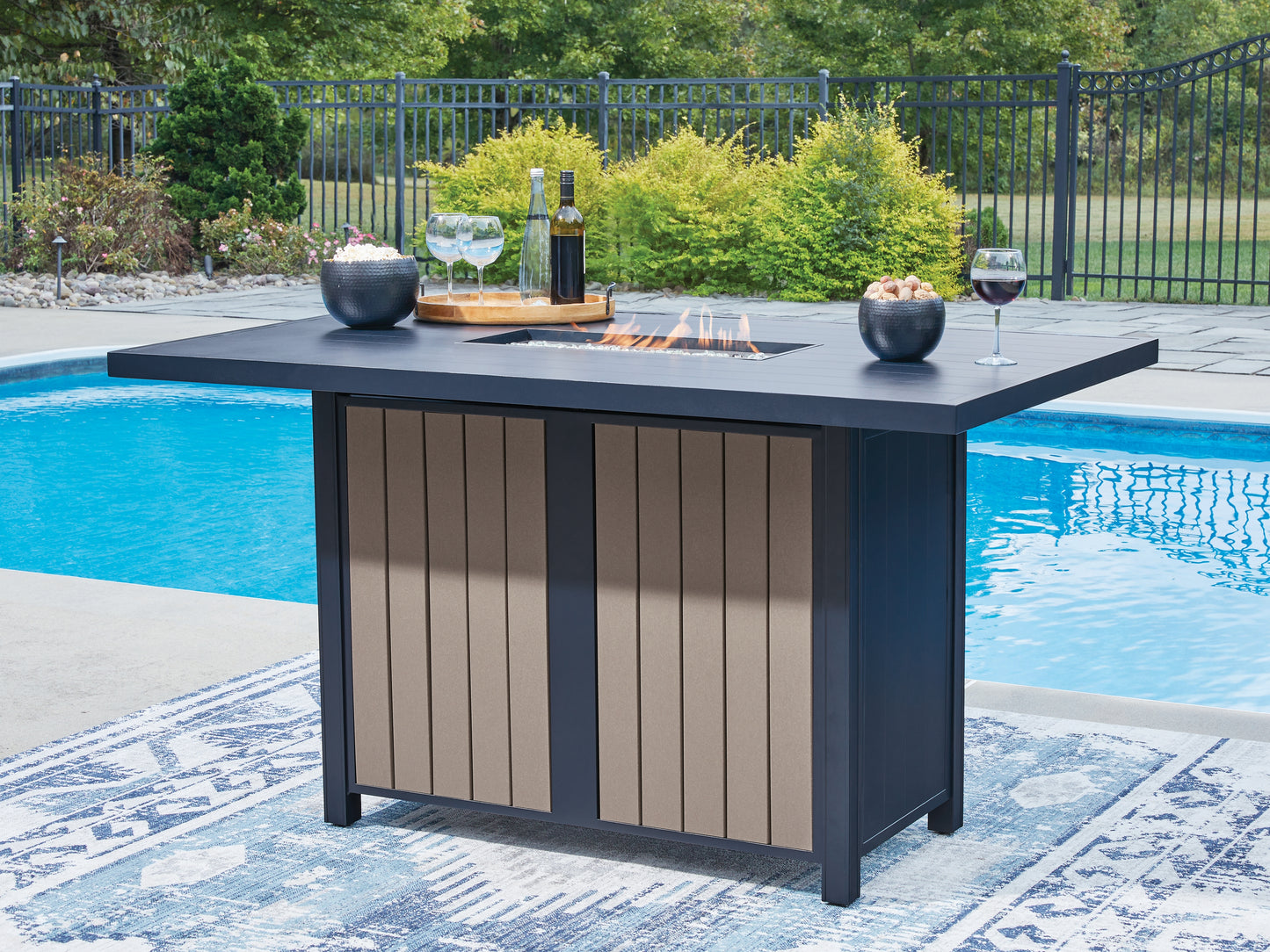 Myers Furniture Outlet - Ashley Furniture - East Beach Outdoor - RECT Bar Table w/Fire Pit / Navy Blue/Driftwood - PCP587-665
