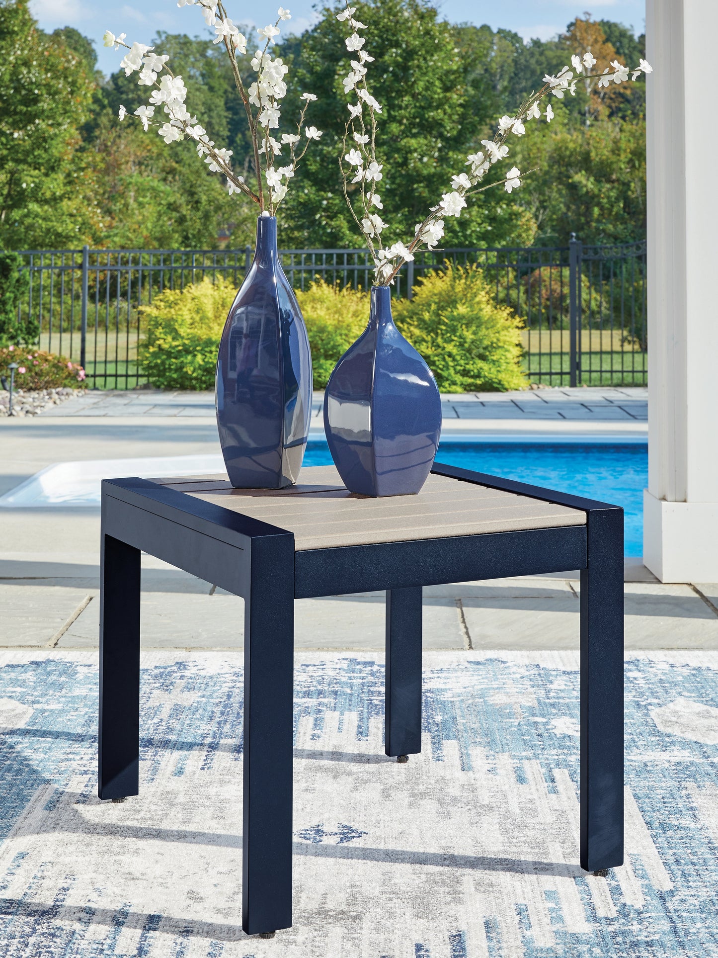 Myers Furniture Outlet - Ashley Furniture - East Beach Outdoor - Rectangular End Table / Navy Blue/Driftwood - PCP587-703