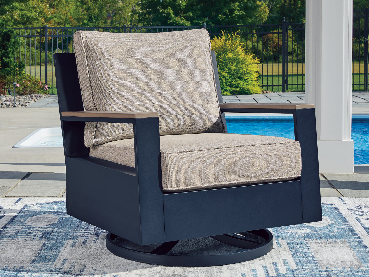Myers Furniture Outlet - Ashley Furniture - East Beach Outdoor - Swivel Glider Chair w/Cushion / Navy Blue/Driftwood - PCP587-821