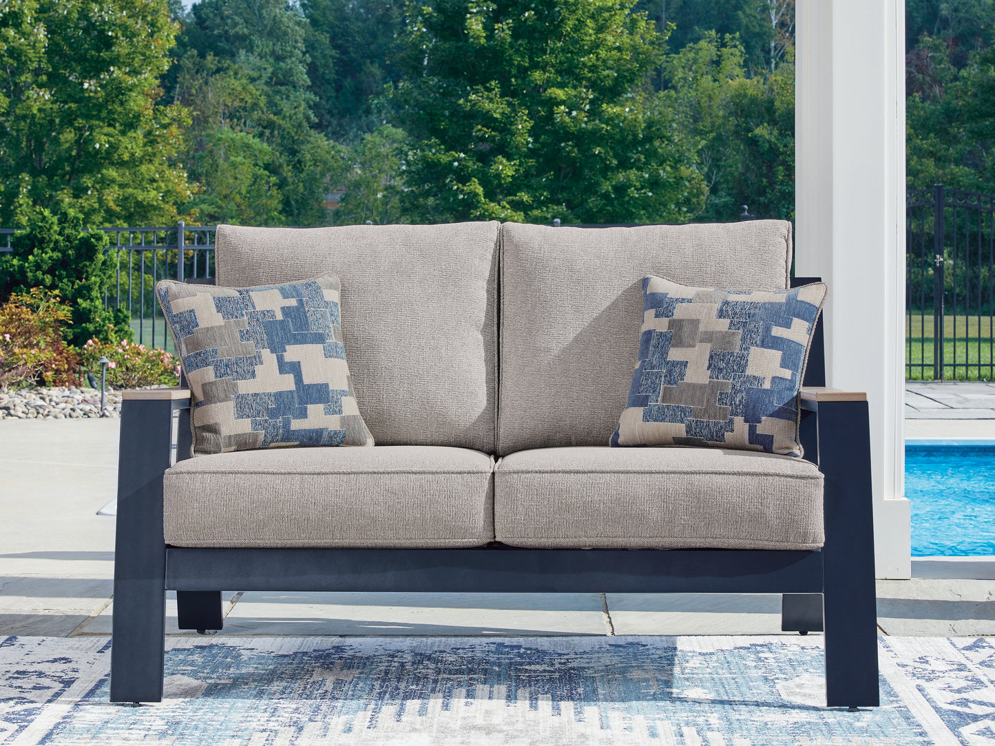 Myers Furniture Outlet - Ashley Furniture - East Beach Outdoor - Loveseat w/Cushion / Navy Blue/Driftwood - PCP587-835