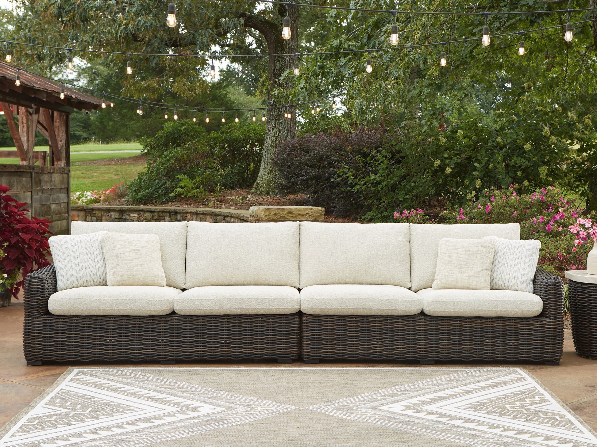 Myers Furniture Outlet - Ashley Furniture - Kimora Outdoor - RAF/LAF Loveseat w/CUSH (Set of 2) / Beige/Dark Brown - P711-854