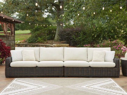 Myers Furniture Outlet - Ashley Furniture - Kimora Outdoor - RAF/LAF Loveseat w/CUSH (Set of 2) / Beige/Dark Brown - P711-854