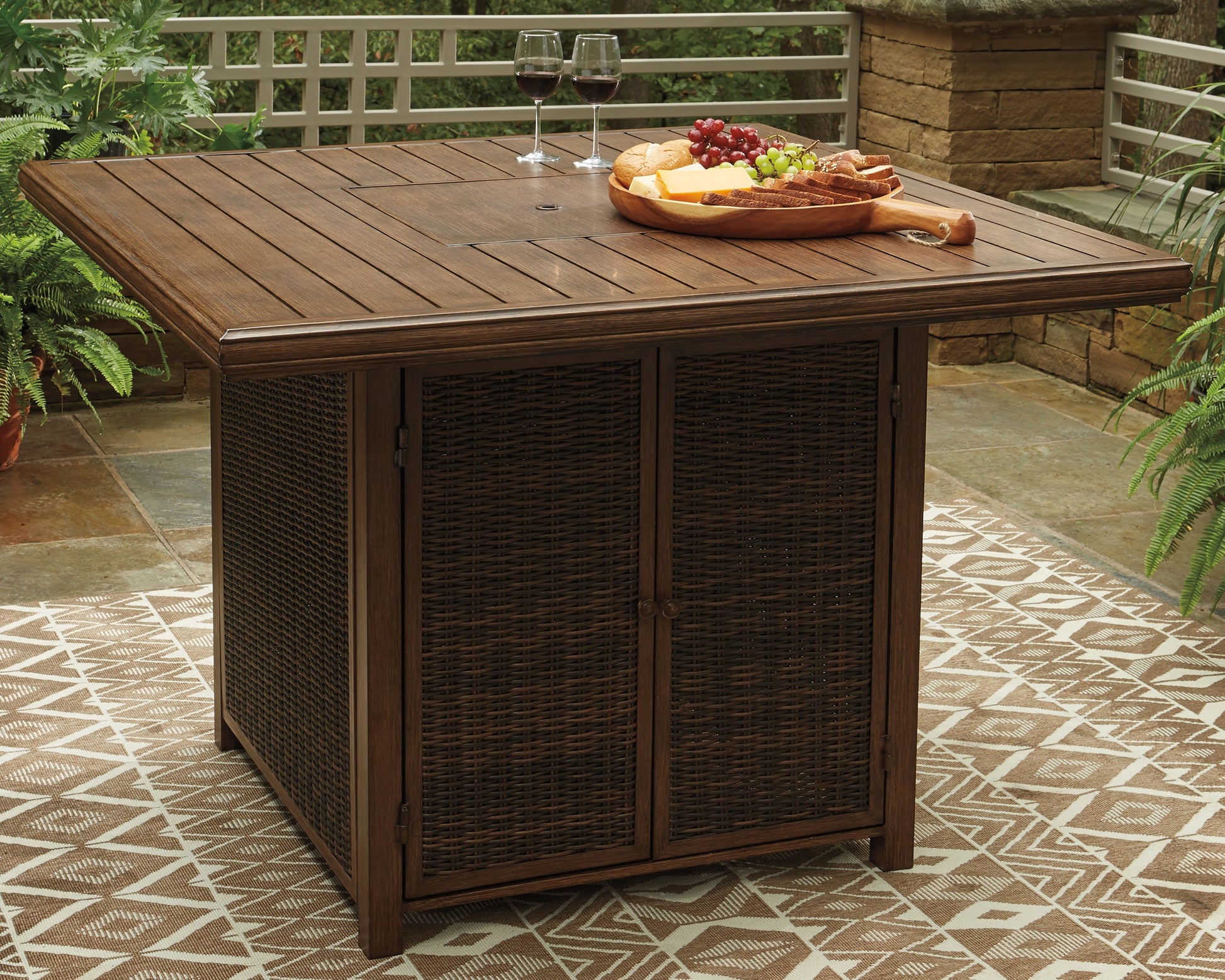 Myers Furniture Outlet - Ashley Furniture - Paradise Trail Outdoor - Square Bar Table w/Fire Pit / Medium Brown - P750-665