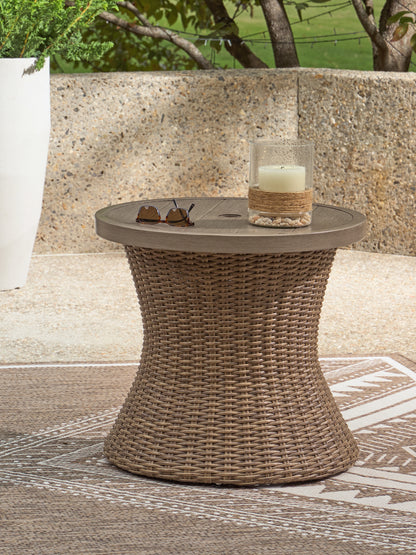 Myers Furniture Outlet - Ashley Furniture - Laguna Heights Outdoor - Round End Table w/UMB OPT / Beige - PCP790-706