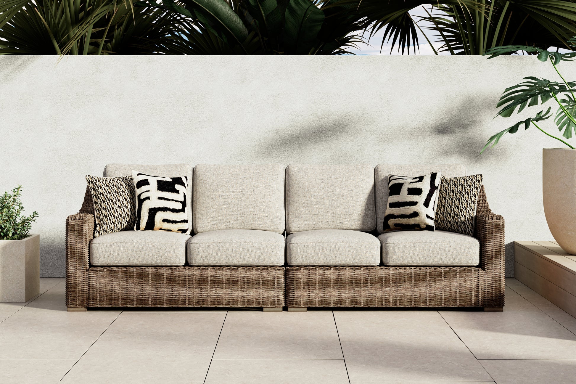 Myers Furniture Outlet - Ashley Furniture - Beachcroft Outdoor - RAF/LAF Loveseat w/CUSH (Set of 2) / Beige - P791-854