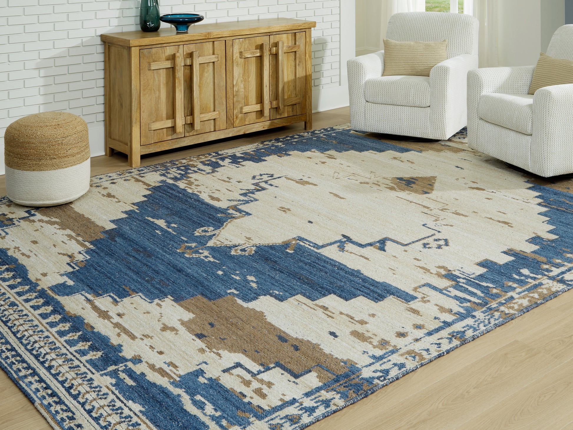 Myers Furniture Outlet - Ashley Furniture - Varnler Rug - 5' x 7' Rug / Blue/Brown/Tan - R407132