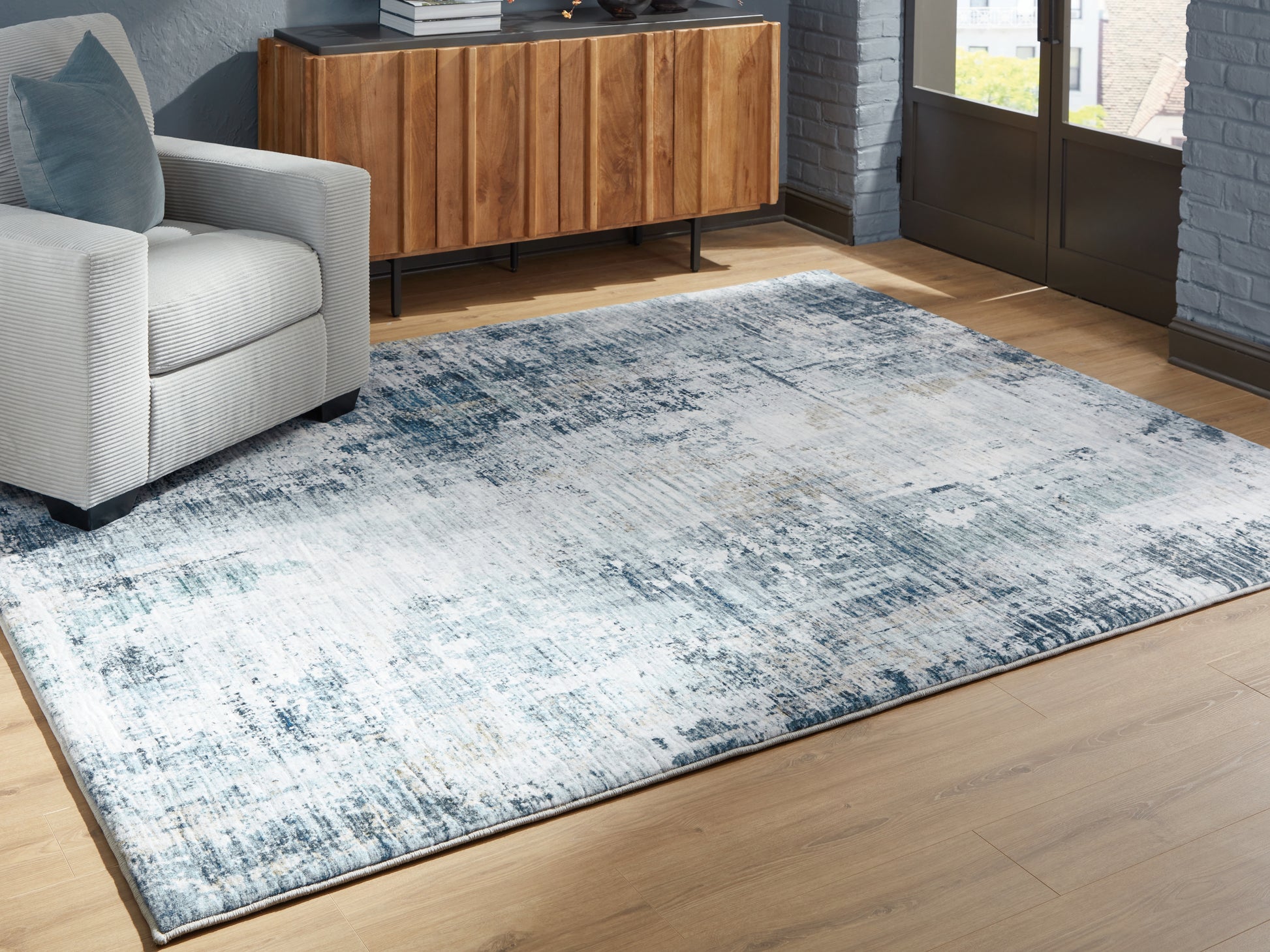 Myers Furniture Outlet - Ashley Furniture - Arlenmont Rug - 7'6" x 9'6" Area Rug / Blue/White/Brown - R407481