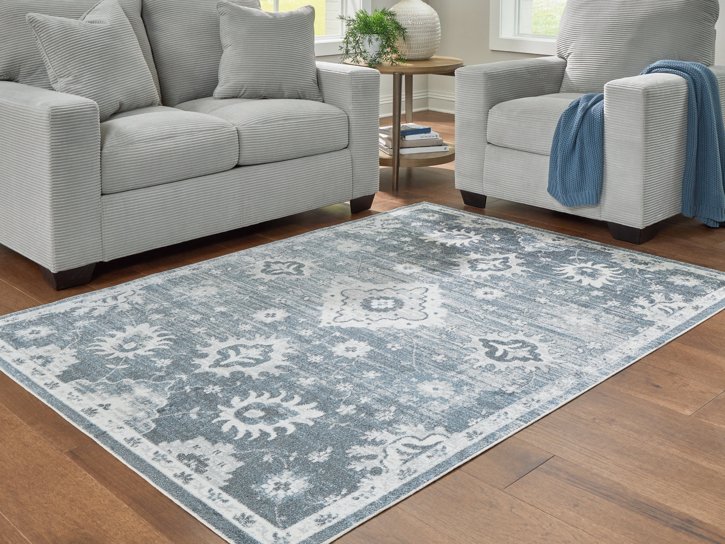 Myers Furniture Outlet - Ashley Furniture - Avanworths Rug - Washable 5'3" x 7' Area Rug / Blue/Gray/Ivory - R407792