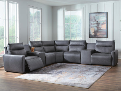 Myers Furniture Outlet - Ashley Furniture - ModZ Sectional - 7-Piece Power Reclining Sectional with Audio Consoles / Blue - U14001S8