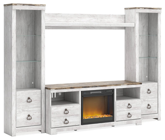 Myers Furniture Outlet - Ashley Furniture - Willowton 4-Piece Entertainment Center with Electric Fireplace - 4-Piece Entertainment Center with Electric Fireplace / Whitewash - W267W4