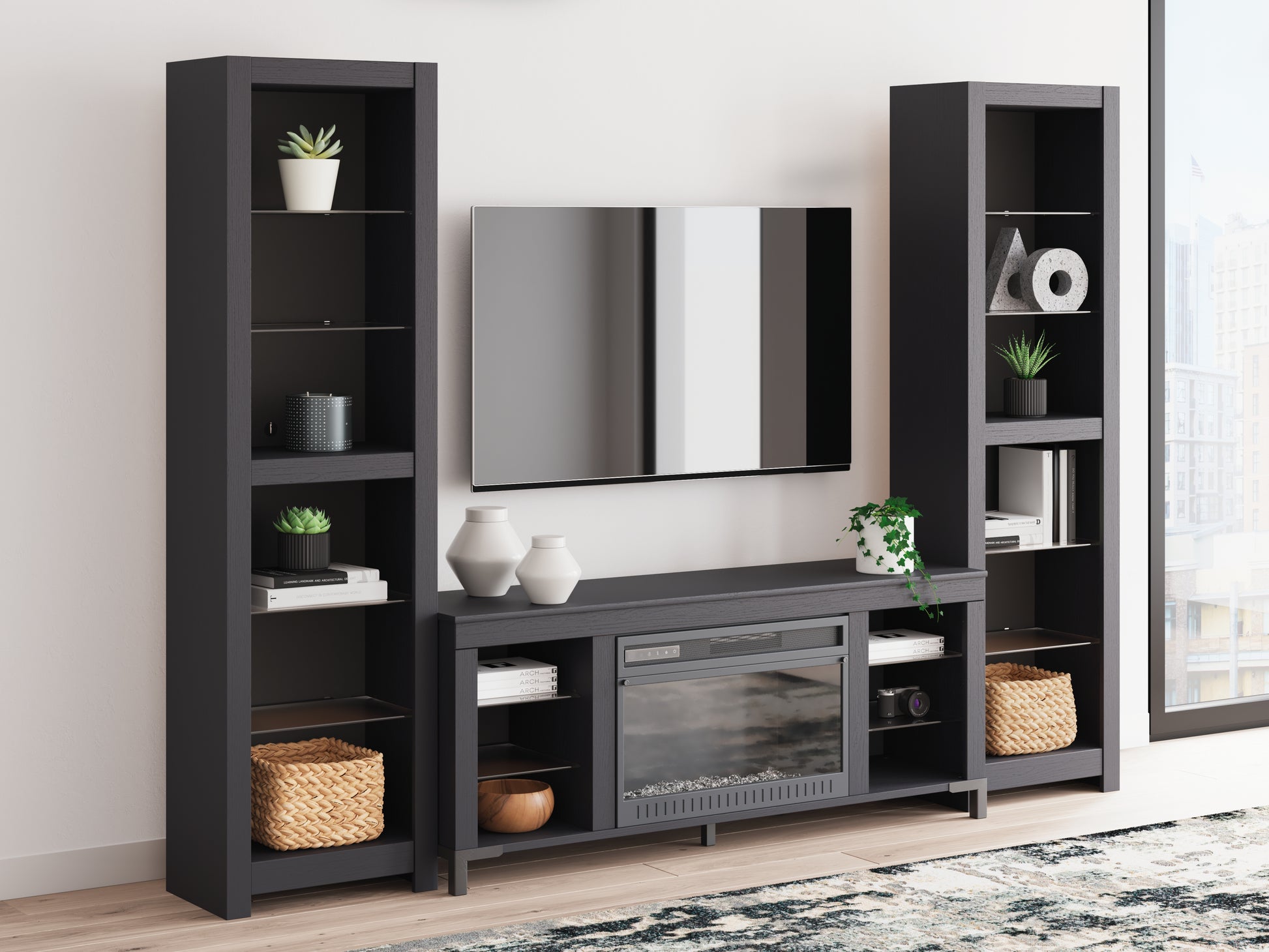 Myers Furniture Outlet - Ashley Furniture - Cayberry 3-Piece Entertainment Center with Electric Fireplace - 3-Piece Entertainment Center with Electric Fireplace / Black - W2721W2