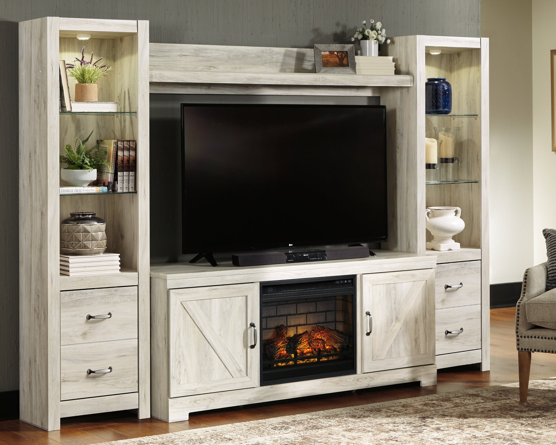Myers Furniture Outlet - Ashley Furniture - Bellaby 4-Piece Entertainment Center with Electric Fireplace - 4-Piece Entertainment Center with Electric Fireplace / Whitewash - W331W8