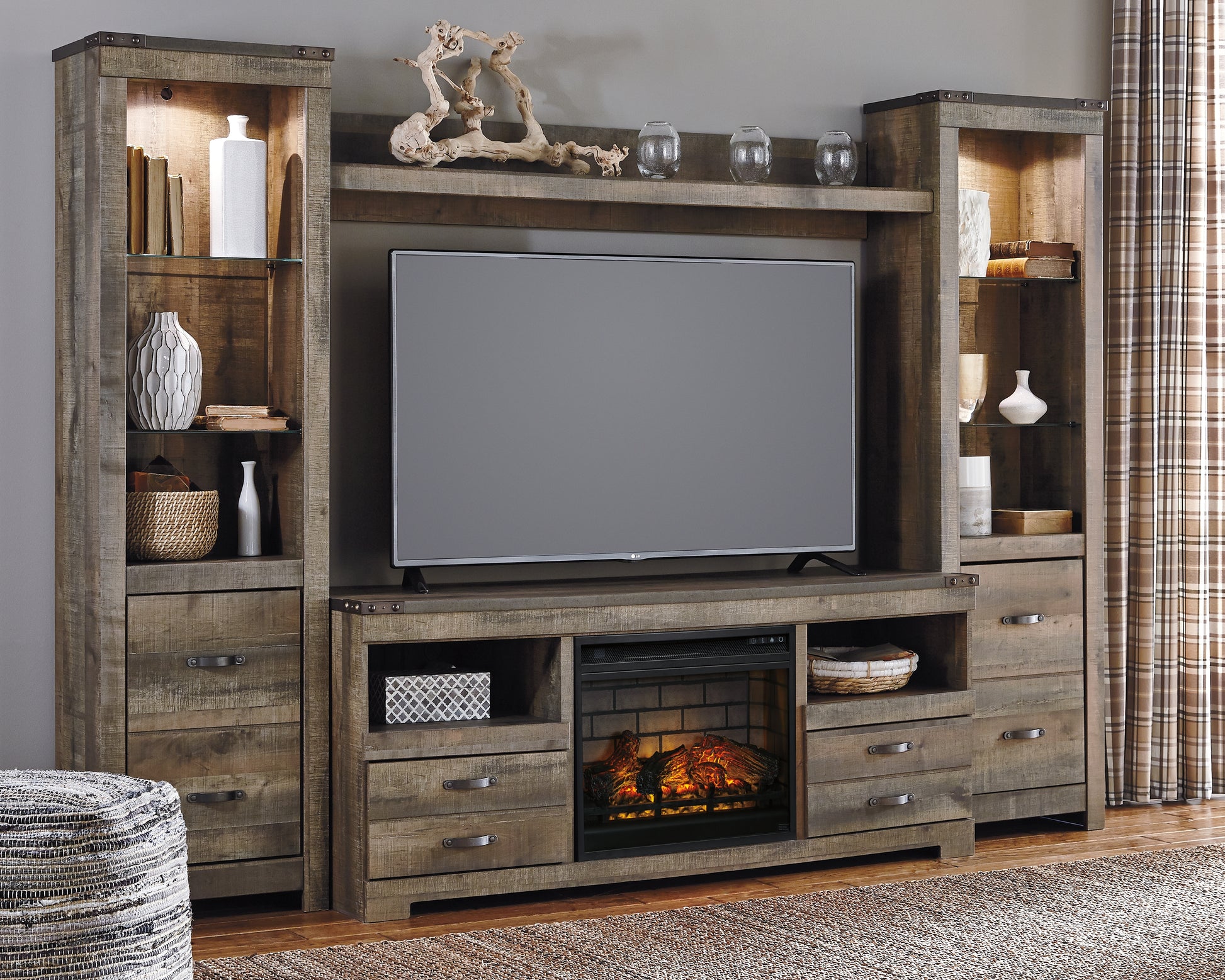 Myers Furniture Outlet - Ashley Furniture - Trinell 4-Piece Entertainment Center with Electric Fireplace - 4-Piece Entertainment Center with Electric Fireplace / Brown - W446W8