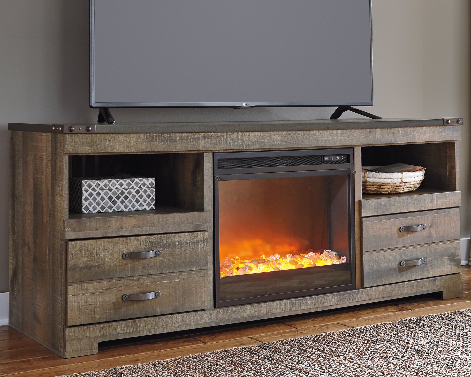 Myers Furniture Outlet - Ashley Furniture - Trinell 63" TV Stand with Electric Fireplace - 63" TV Stand with Electric Fireplace / Brown - W446W5