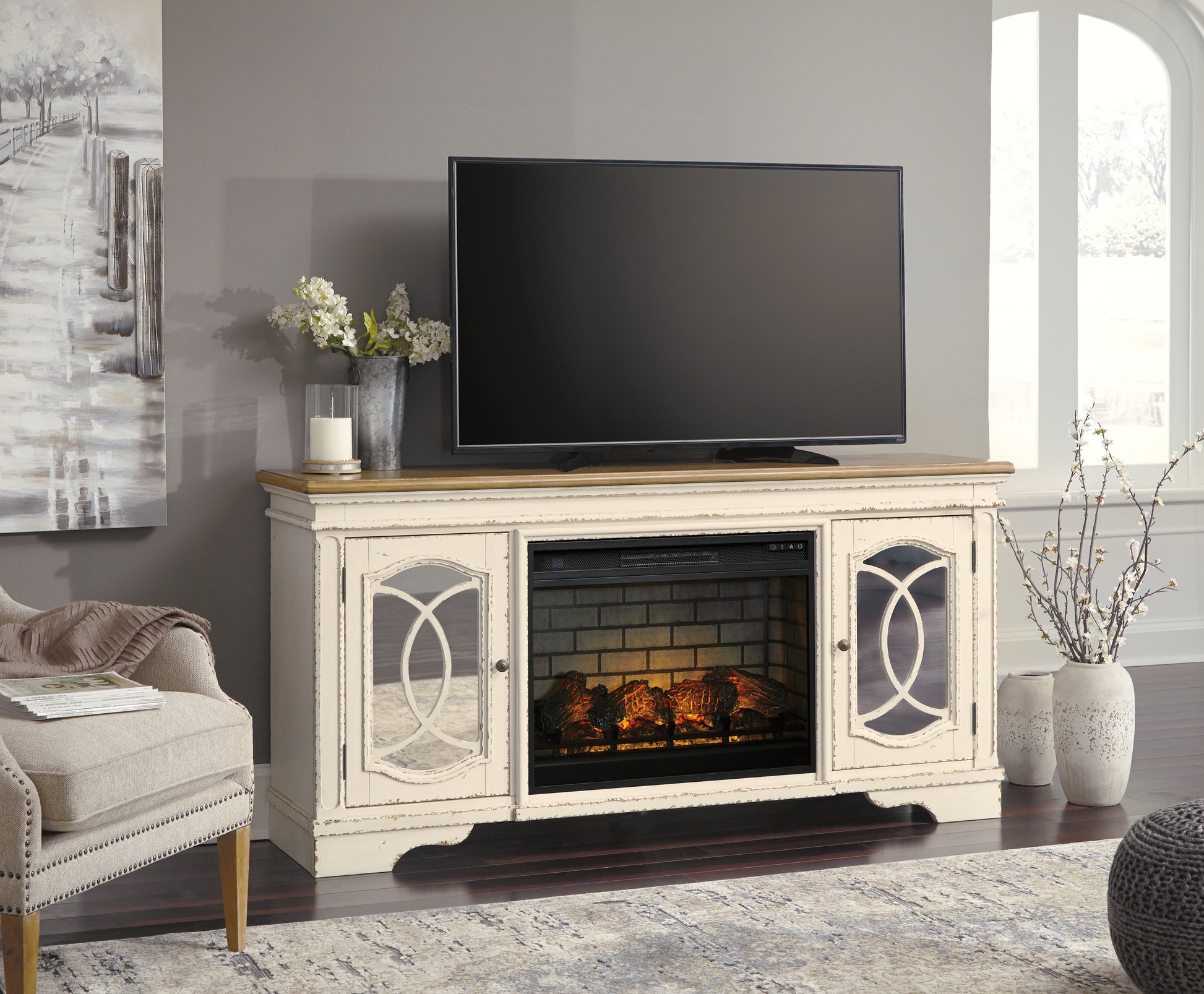 Myers Furniture Outlet - Ashley Furniture - Realyn 74" TV Stand with Electric Fireplace - 74" TV Stand with Electric Fireplace / Chipped White - W743W2