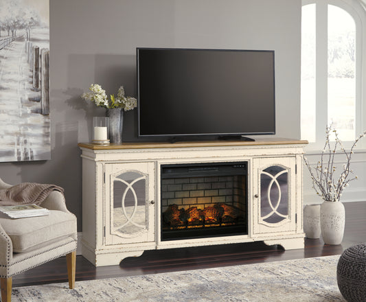 Myers Furniture Outlet - Ashley Furniture - Realyn 74" TV Stand with Electric Fireplace - 74" TV Stand with Electric Fireplace / Chipped White - W743W2